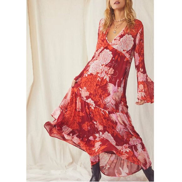 Free People Moroccan Roll Floral Bell Sleeve V Neck Maxi Dress - Small - Picture 1 of 9